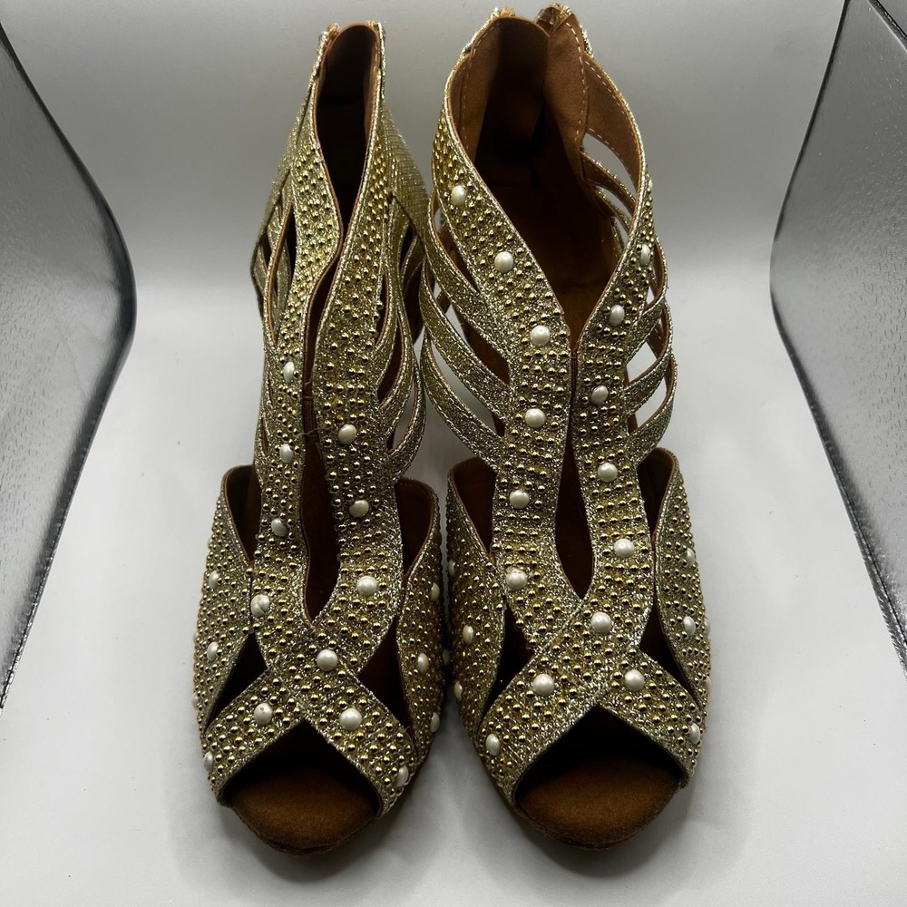 NEW Dance And Sway Women's Size 6.5 Gold Colored Shoes Flared Heel 3"